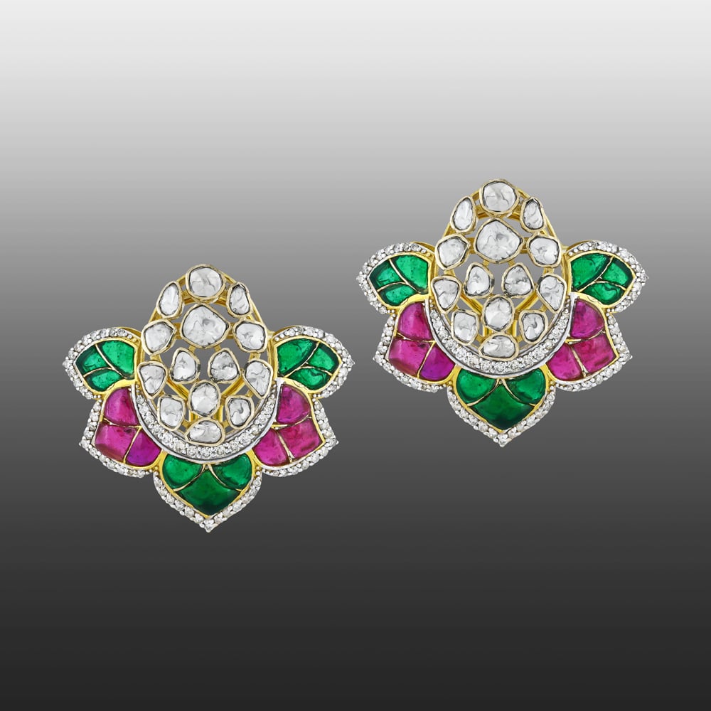 Lotus-Inspired Polki Earrings with Pink and Green Talaf